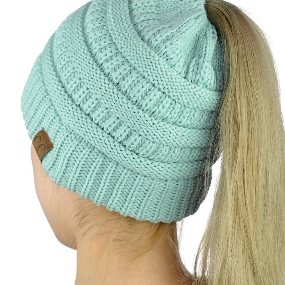 C.C Knit Beanie messy bun/ponytail - Speckled Tan hat - Picture 5 of 6